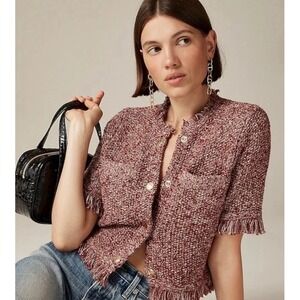 J.Crew Cropped Fringe-trim Lady Jacket Burgundy Marled Knit Gold Buttons Size XS